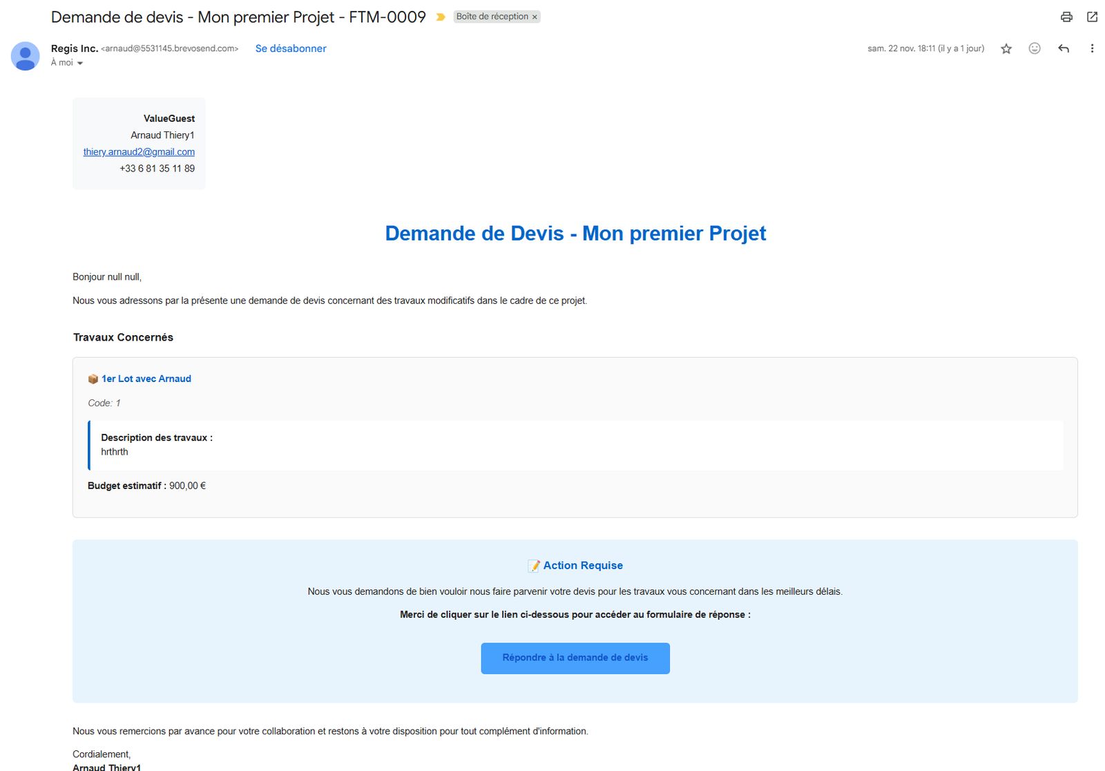 Exemple de notification email automatique